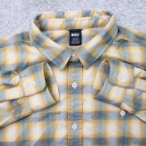 REI Co-op Shirt Mens Medium Yellow/Gray Plaid Sahara Flannel Long Sleeve Stretch
